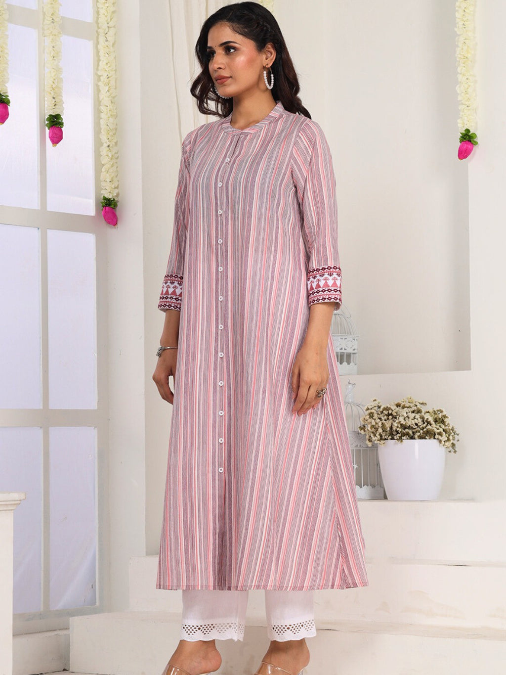 Blush Pink Striped Cotton Kurta for Women