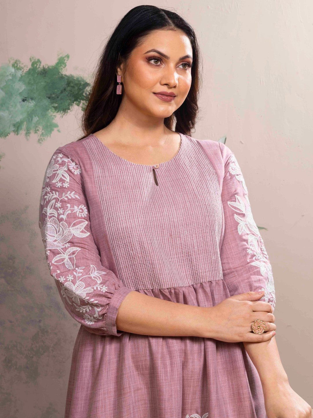 Dawn Pink Chambray Floral Embroidered Tiered Dress