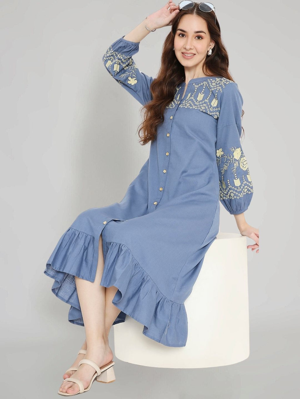Blue Boho Midi Dress with Embroidered Details – Saffron Threads