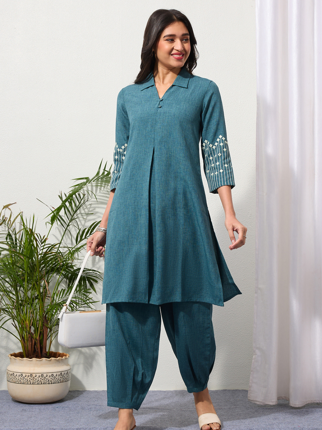 Teal Embroidered Kurta Set with Pleated Pants for Women | Saffron Threads