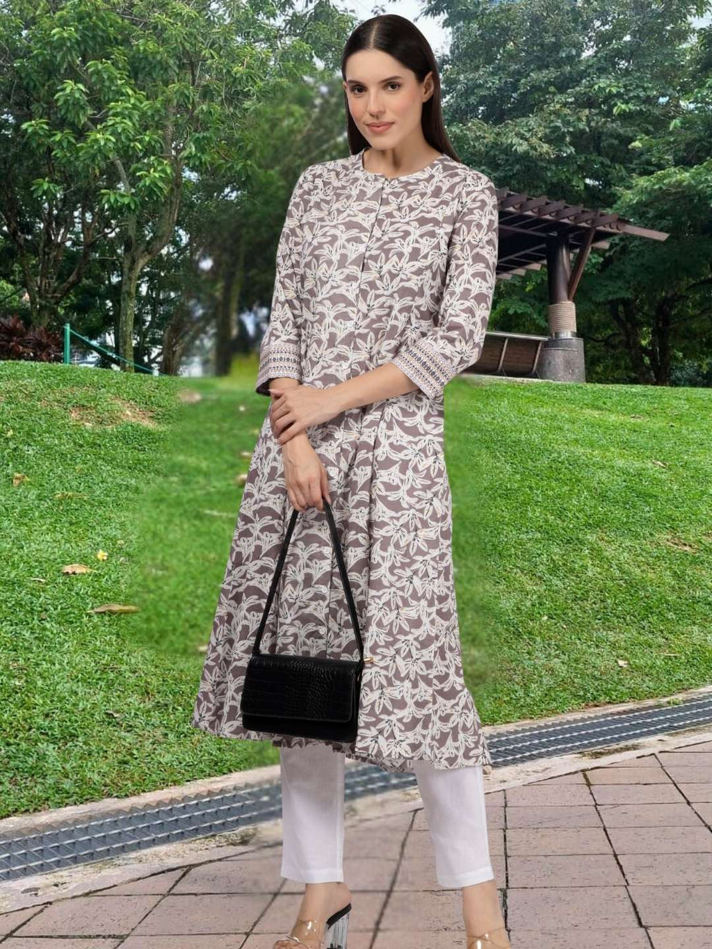 Grey Floral Printed Embroidery Button Down Cotton Kurta