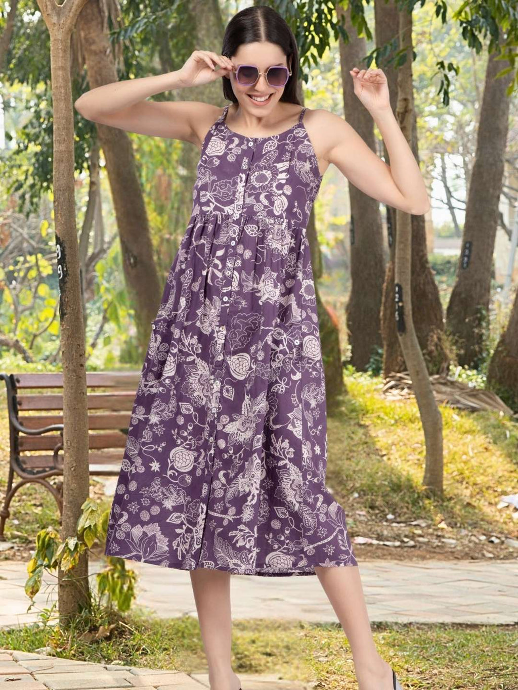Purple Flower Print Strappy Midi Dress with Front Pockets