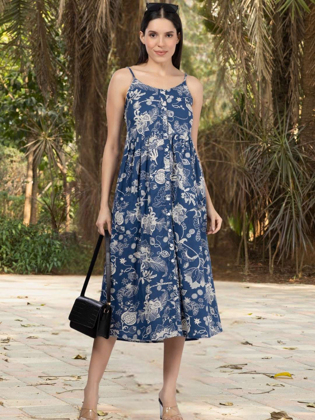 Blue Flower Print Strappy Midi Dress with Front Pockets