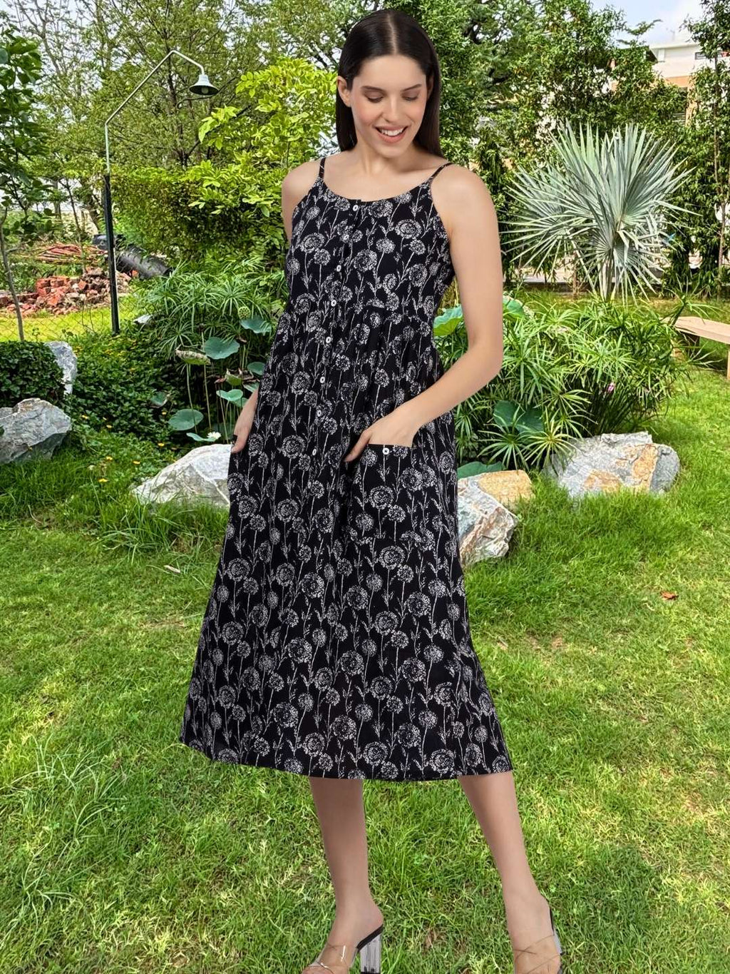 Black Flower Print Strappy Midi Dress with Front Pockets