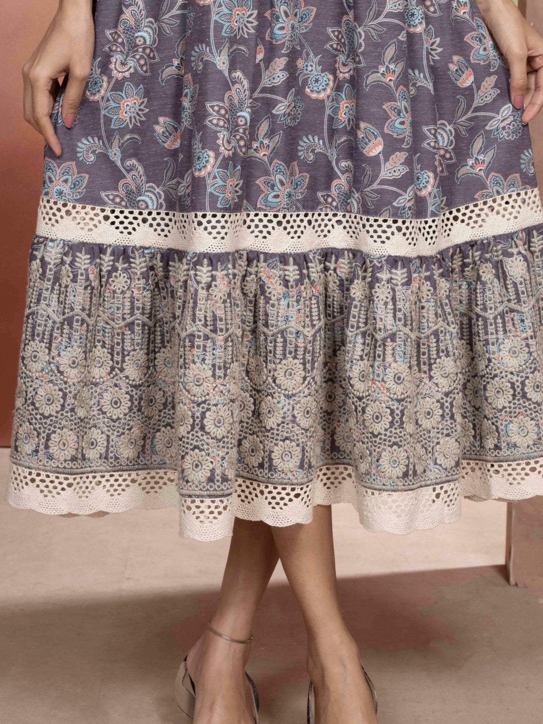 Fossil Grey Vintage Meadow Boho Tiered Dress