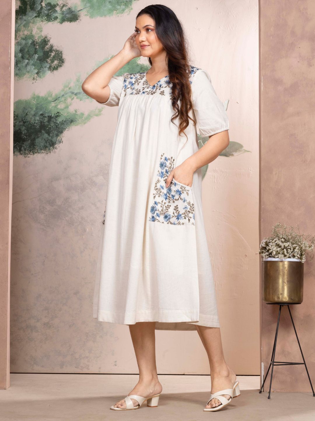 Natural Cotton Linen Dress A-Line with Parsi Gara Inspired Embroidery