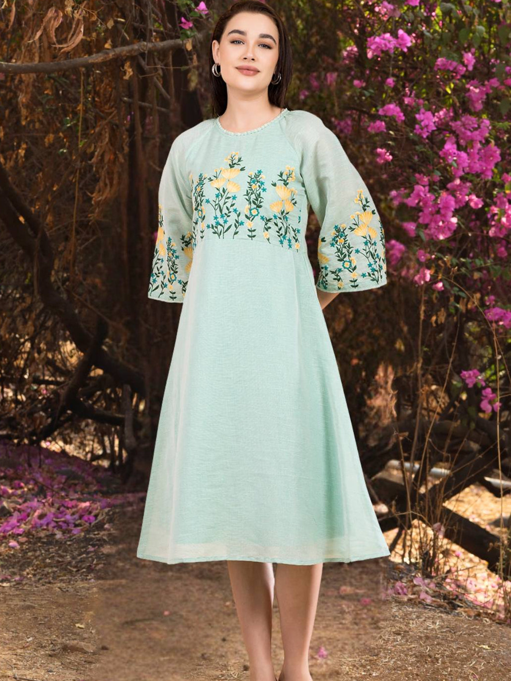 green dress embroidered flowers Sea Serene Bloom – Saffron Threads Plus Size London Times badge_tag:Icons Color:Coconut