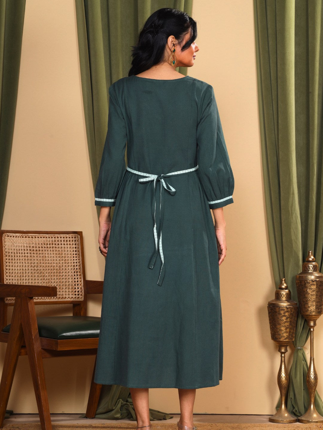 Hunter Green Embroidered Cotton-Linen Dress