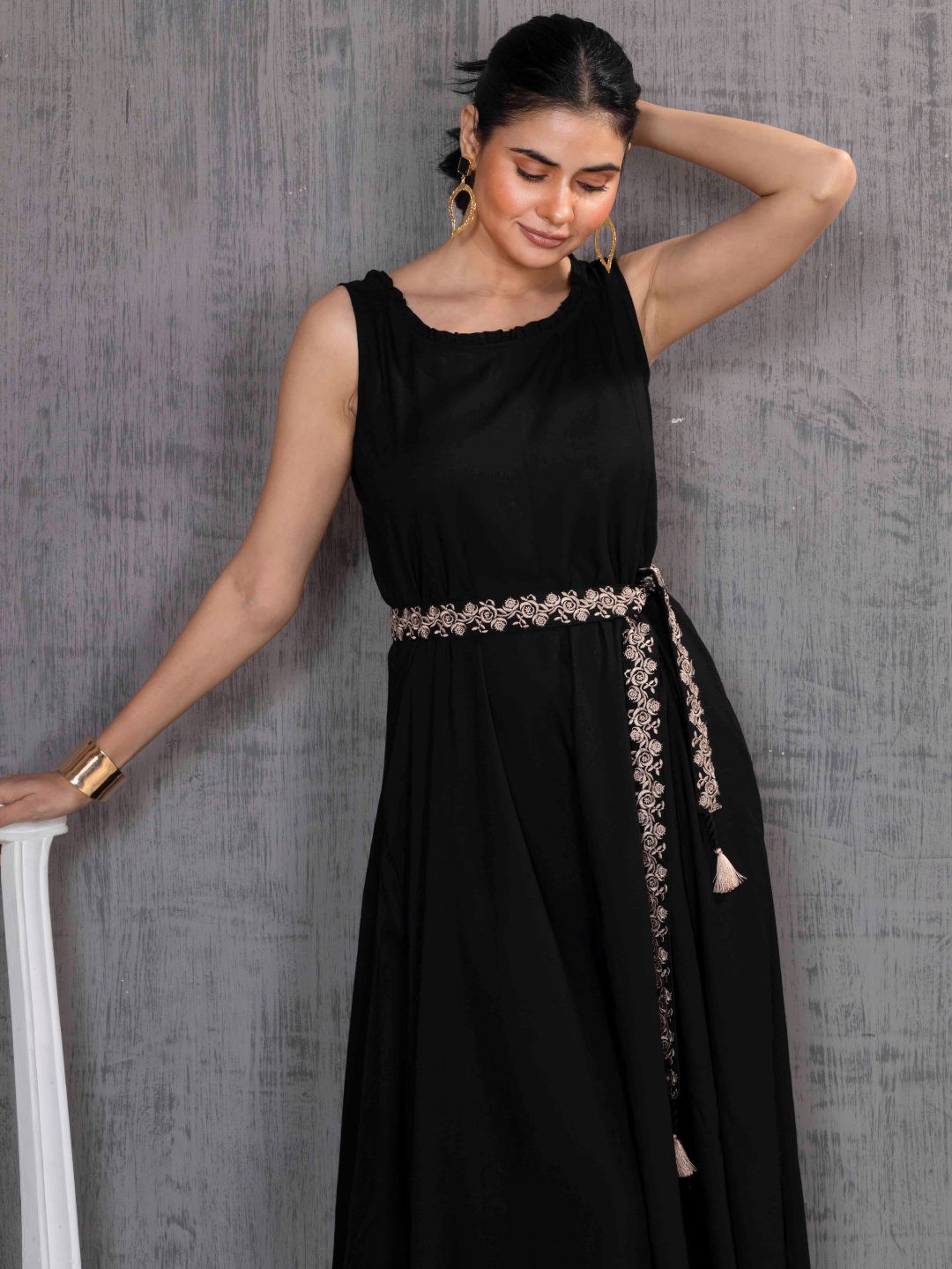 Imperial Black Parsi Gara Belted A-Line Dress