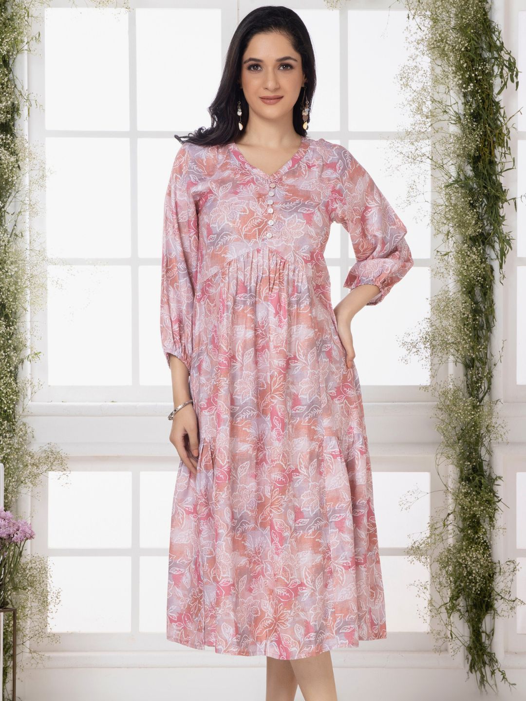 Pastel Pink Modernist Floral Midi Dress