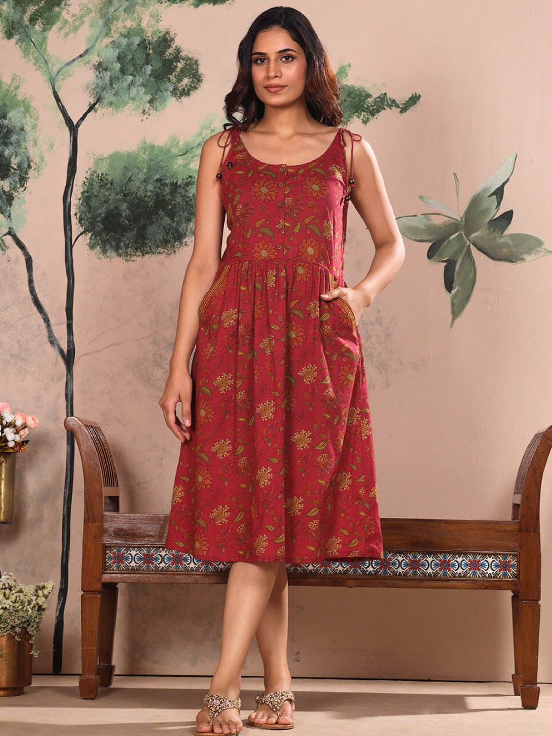 Red Ornate Bloom Printed Cotton Fit & Flare Dress