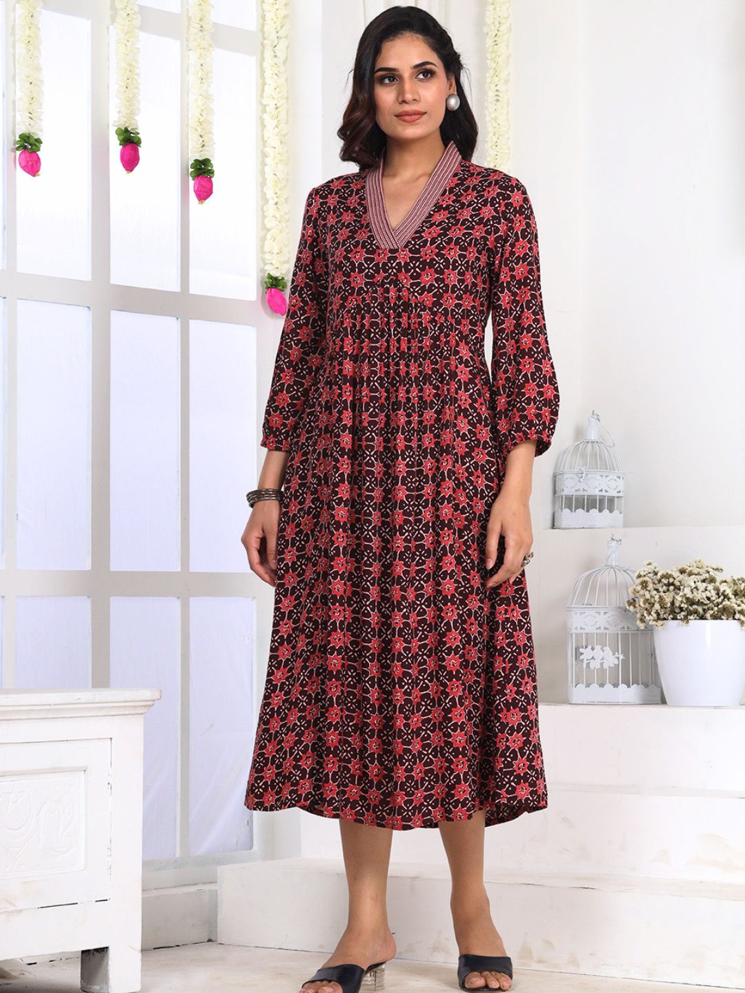 Wine Printed A-Line Dress with Embroidery and Pockets