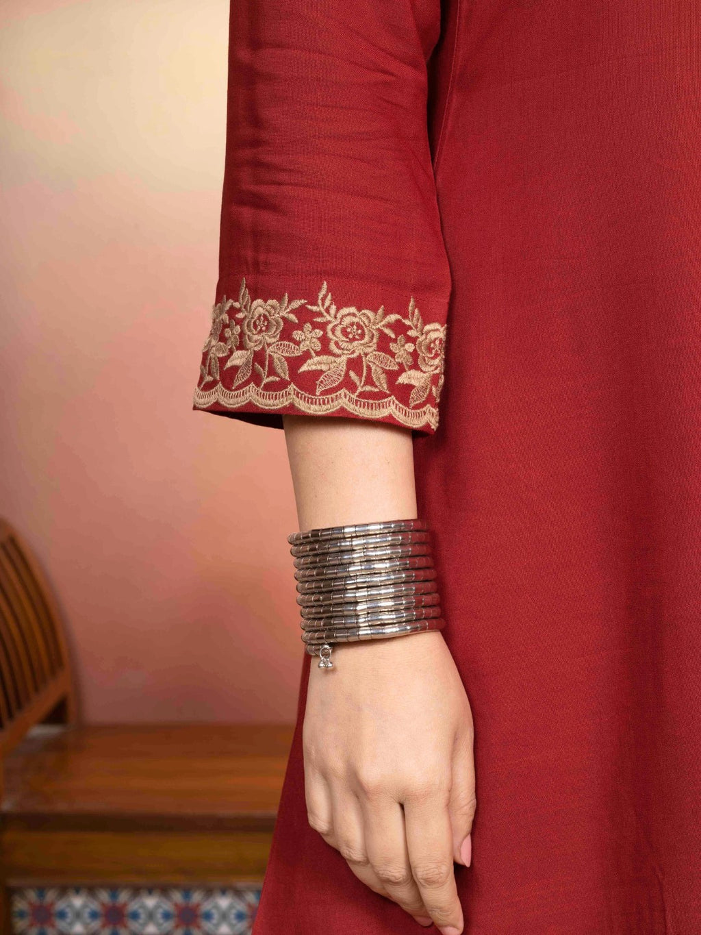 Terracotta Rust Embroidered A-Line Kurta with Farshi Salwar