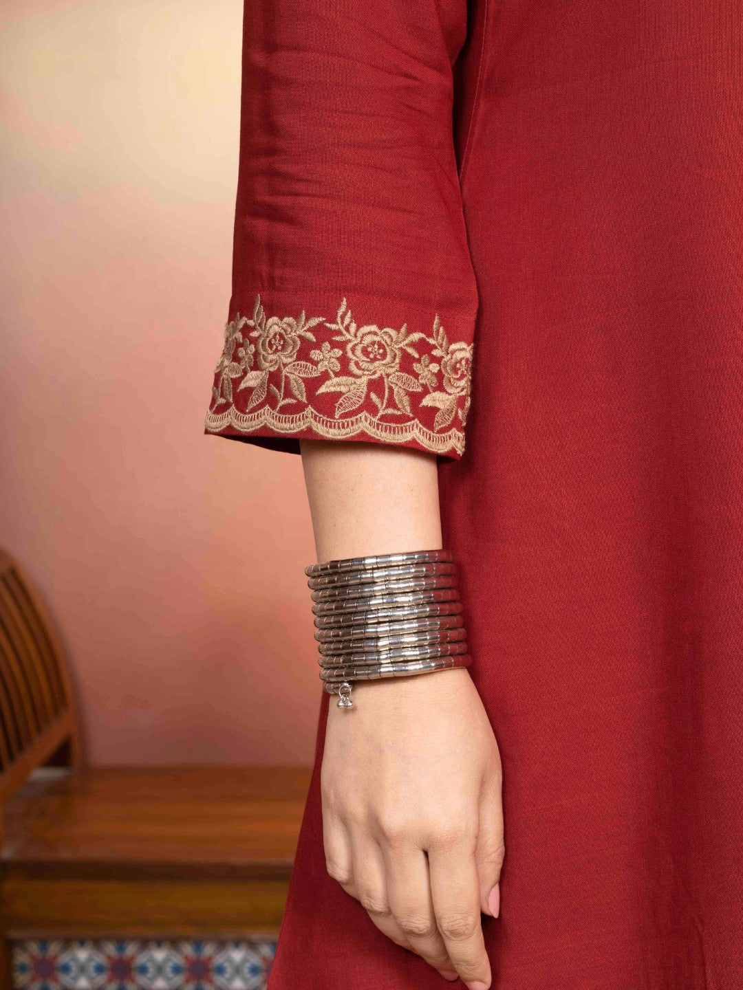 Terracotta Rust Embroidered A-Line Kurta with Farshi Salwar