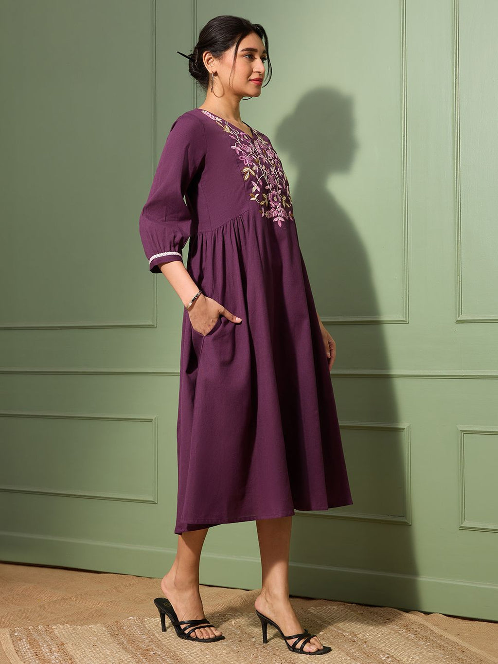 Aubergine Purple Embroidered Cotton-Linen Dress