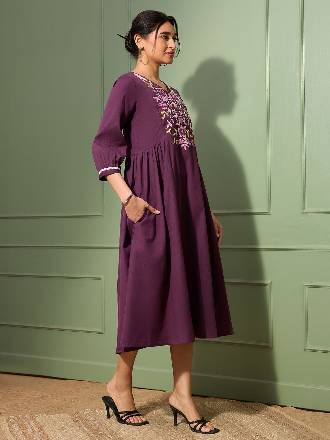 Aubergine Purple Embroidered Cotton-Linen Dress