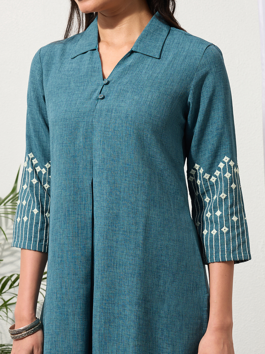 Teal Embroidered Kurta Set with Pleated Pants for Women | Saffron Threads