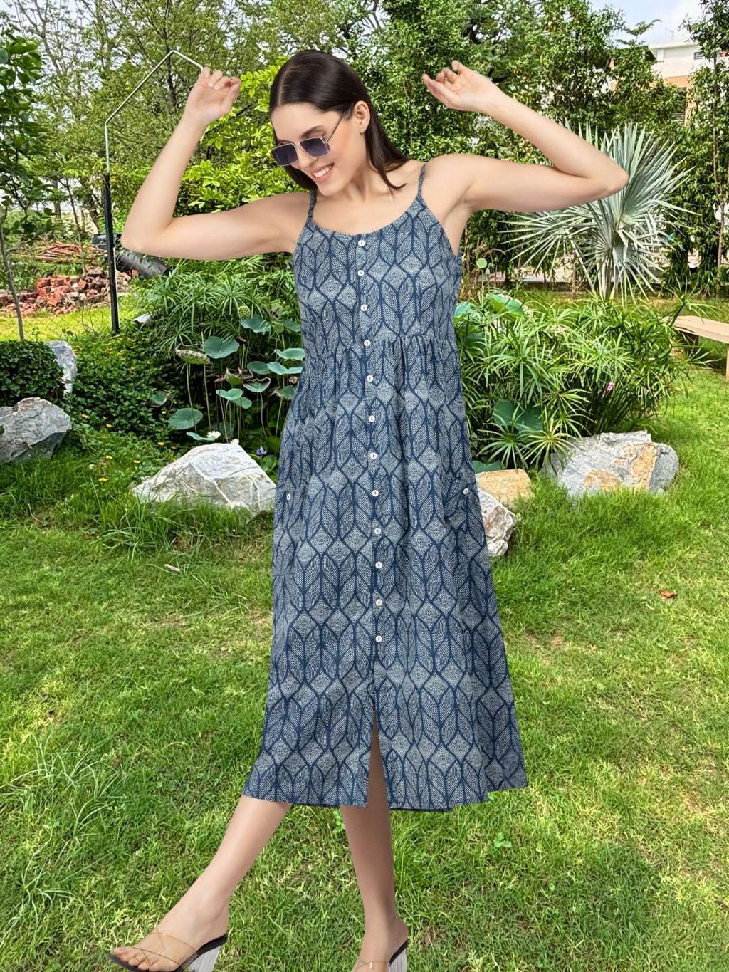 Blue Printed Strappy Midi Dress with Front Pockets