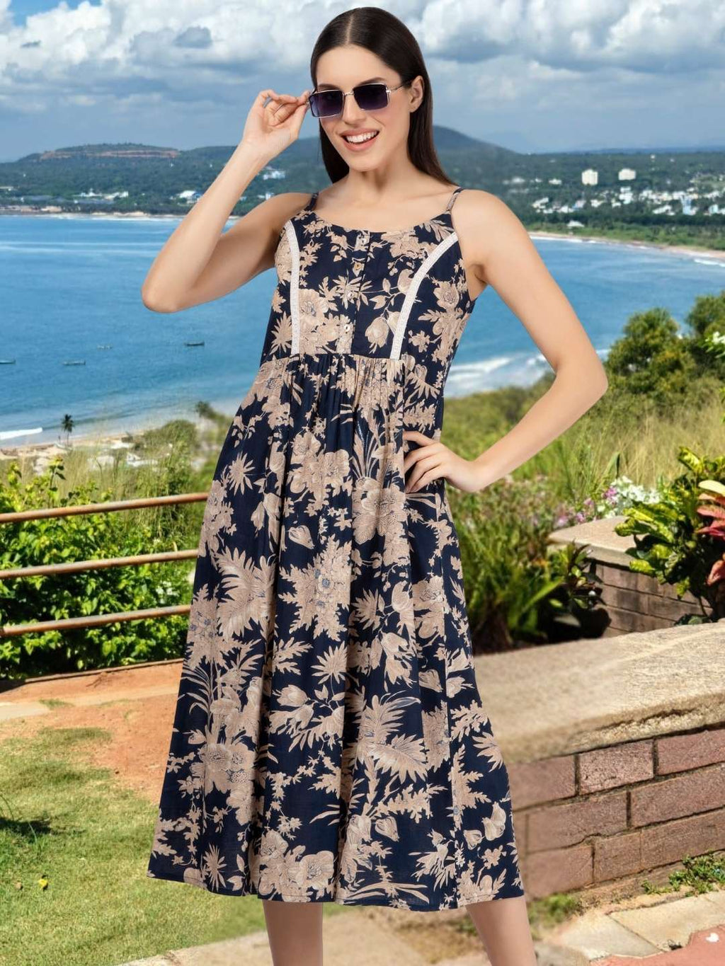 Navy Blue Floral Print Strappy Dress with Lace Inserts