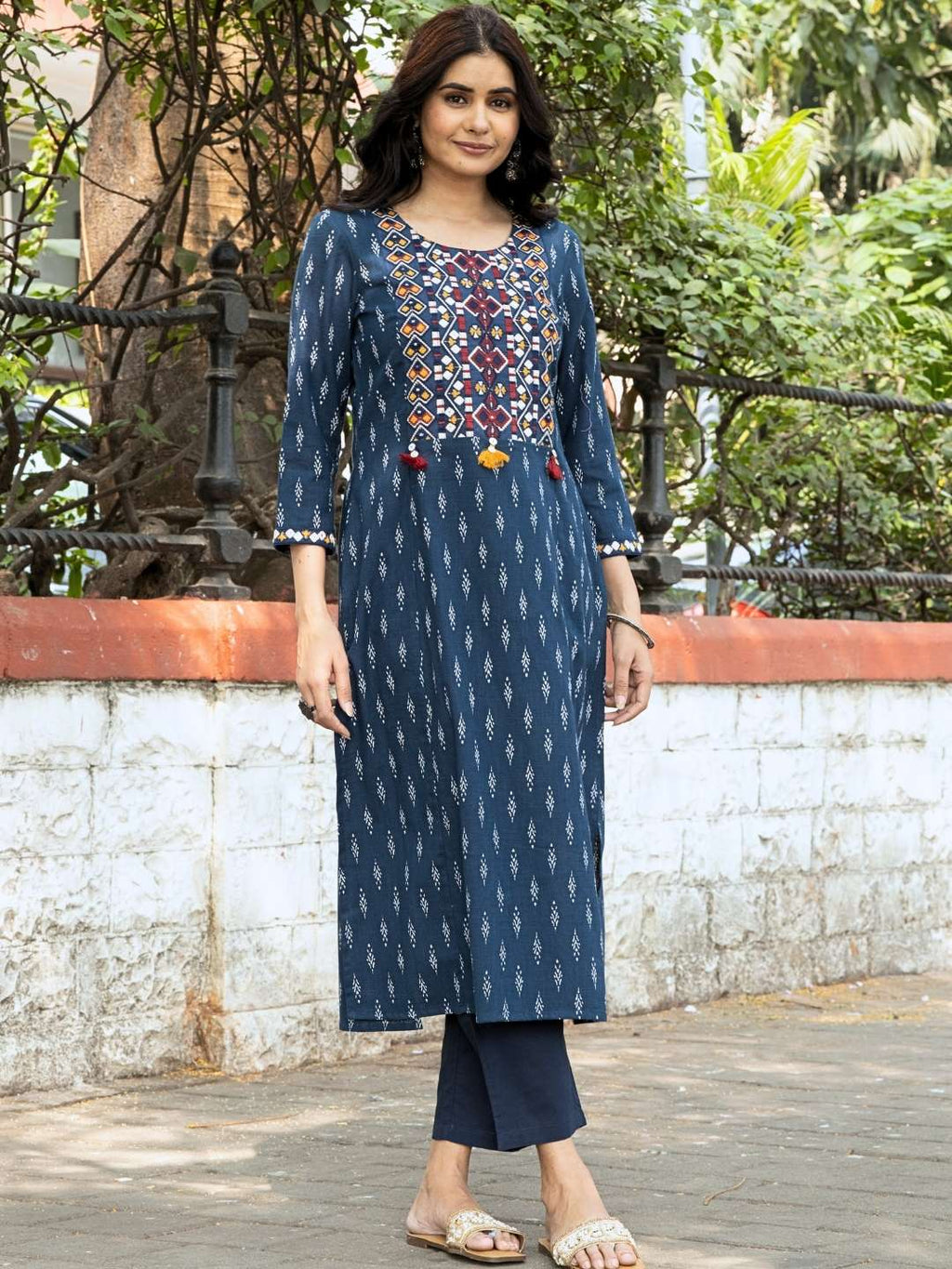 Navy Blue Ikat Print Cotton Kurta with Neck Embroidery