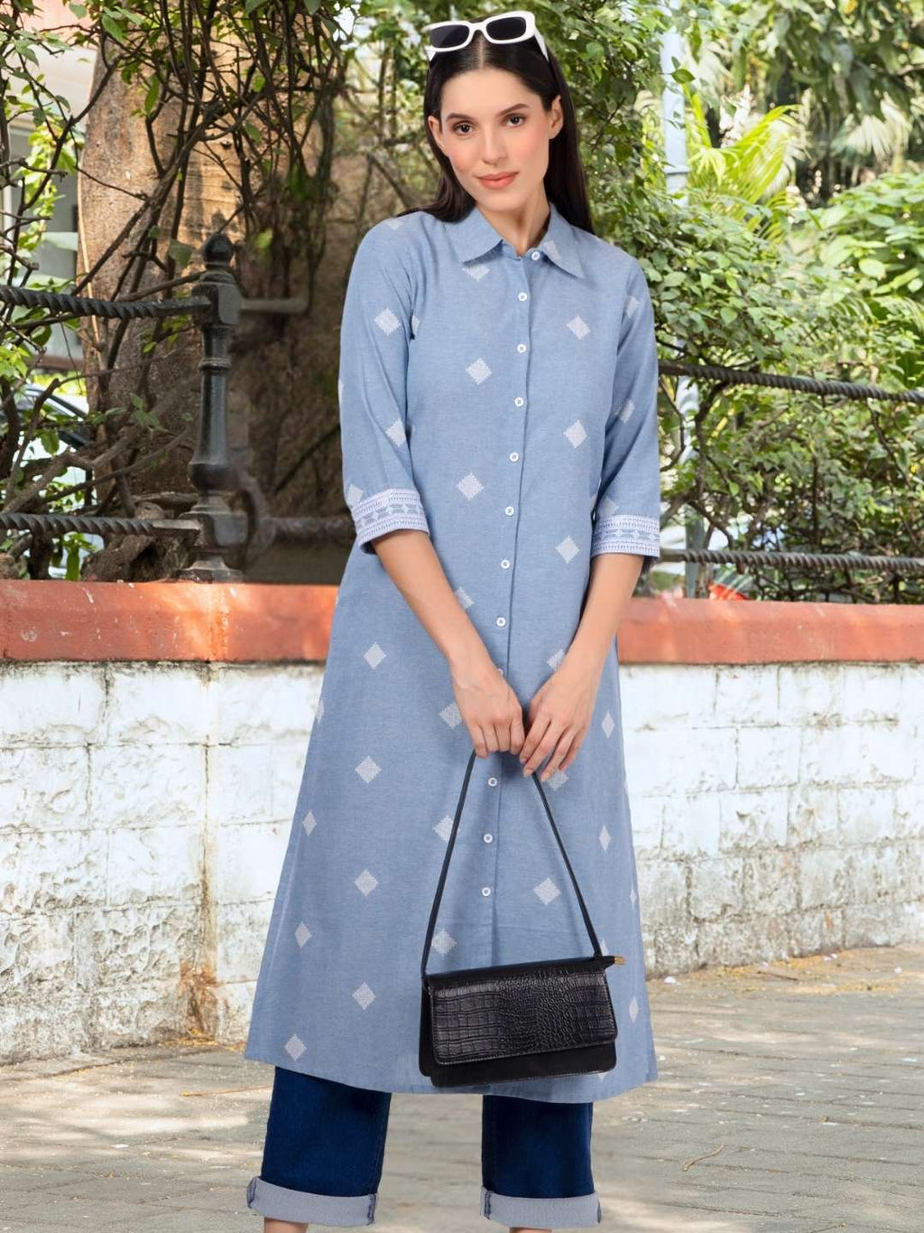 Blue Cotton Shirt Collar Kurta with Pockets & Sleeve Embroidery