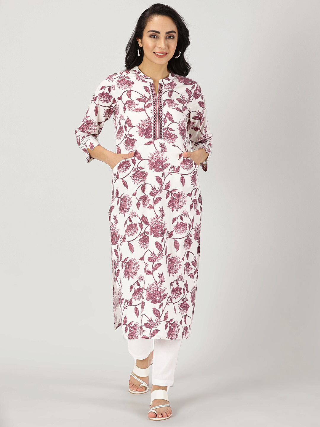 White-Wine Floral Print Kurta  with Neck Embroidery