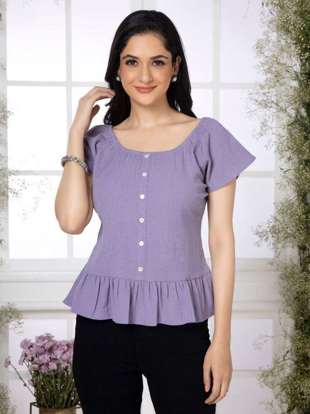 Greek Lavender Crinkled Peplum Top