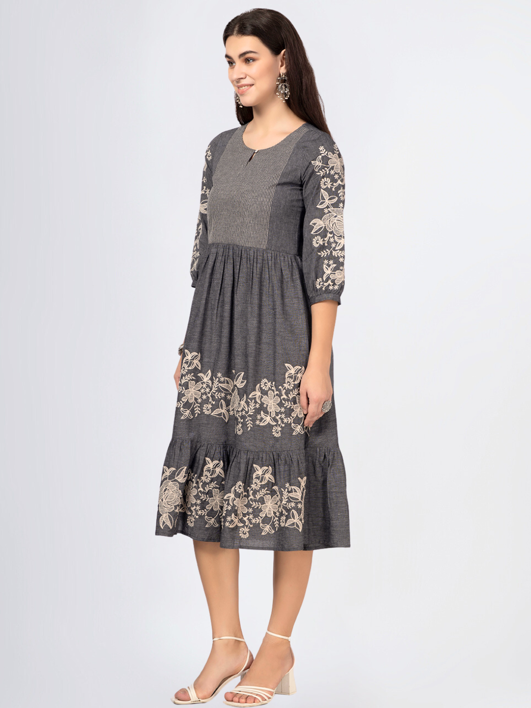 Grey Cotton Tiered Embroidered Dress