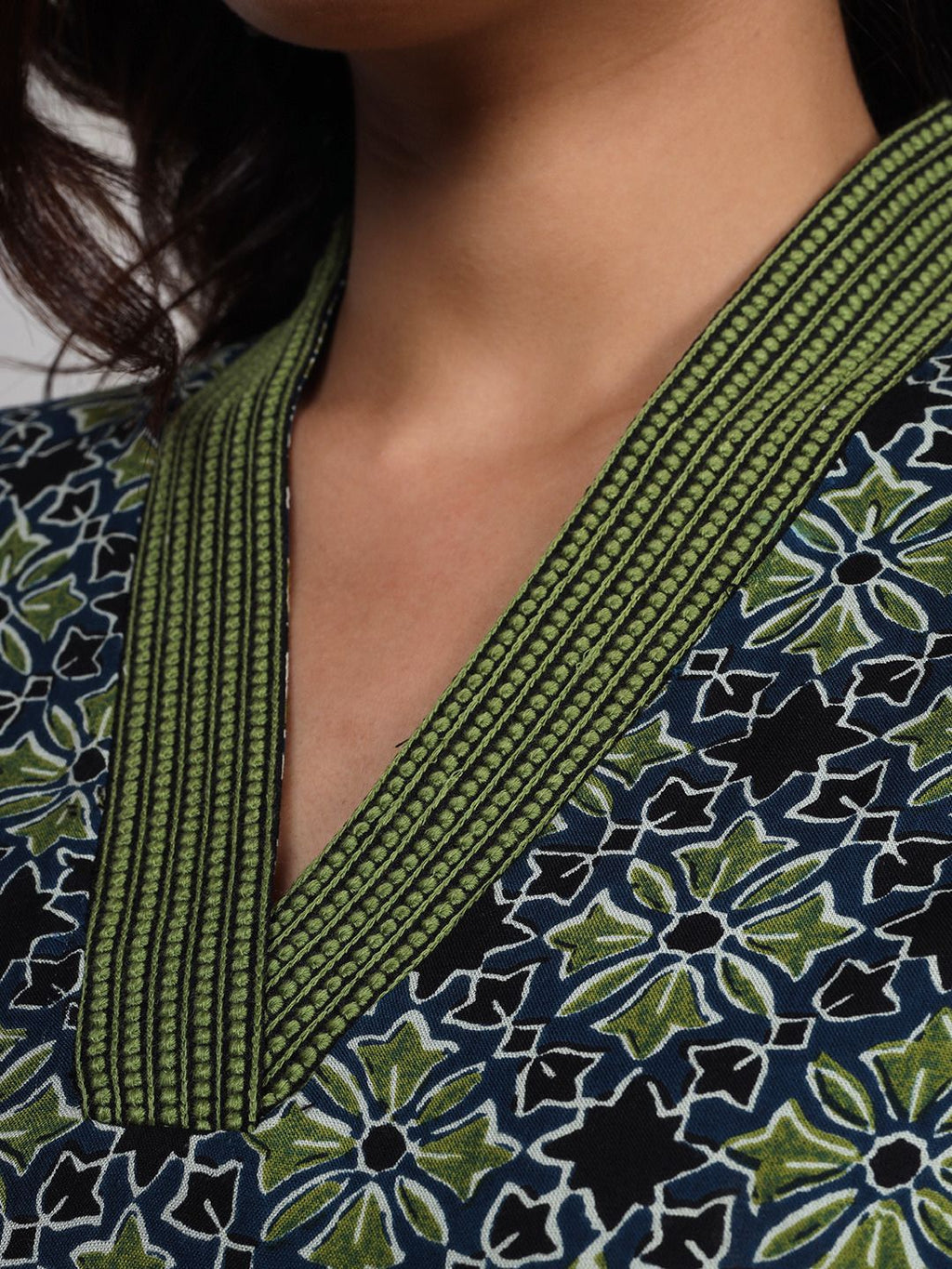 Blue Green Printed A-Line Dress with Embroidery and Pockets