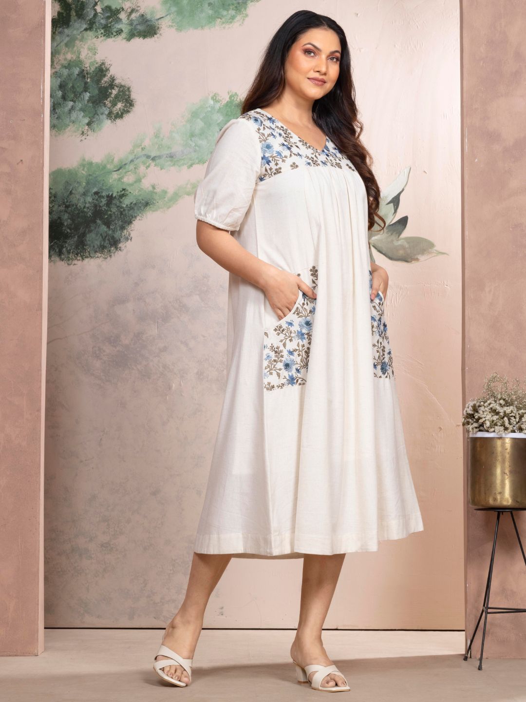 Natural Cotton Linen Dress A-Line with Parsi Gara Inspired Embroidery