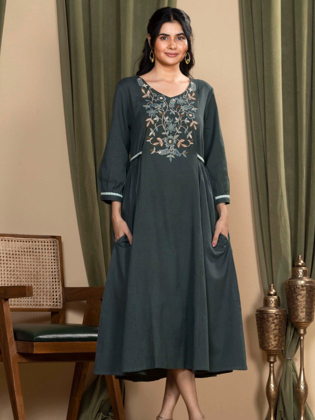 Hunter Green Embroidered Cotton-Linen Dress
