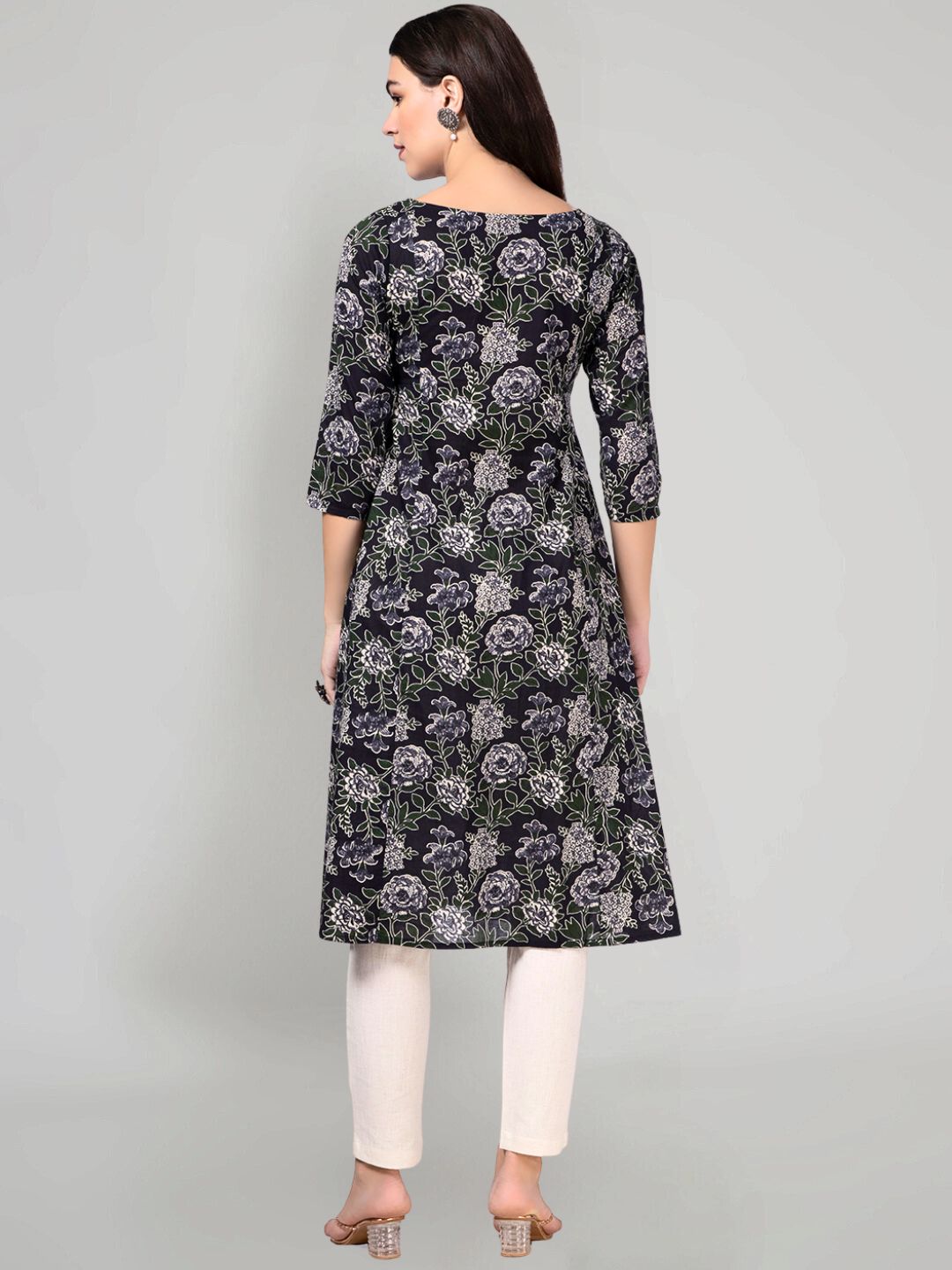 Black Floral Printed Kurta with Neck Embroidery