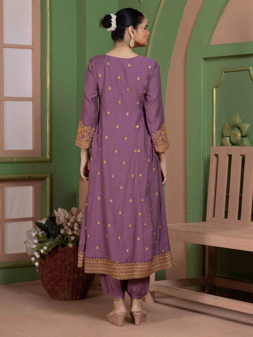 Dusty Plum Kashida Embroidered Fit and Flare Kurta with Salwar and Dupatta