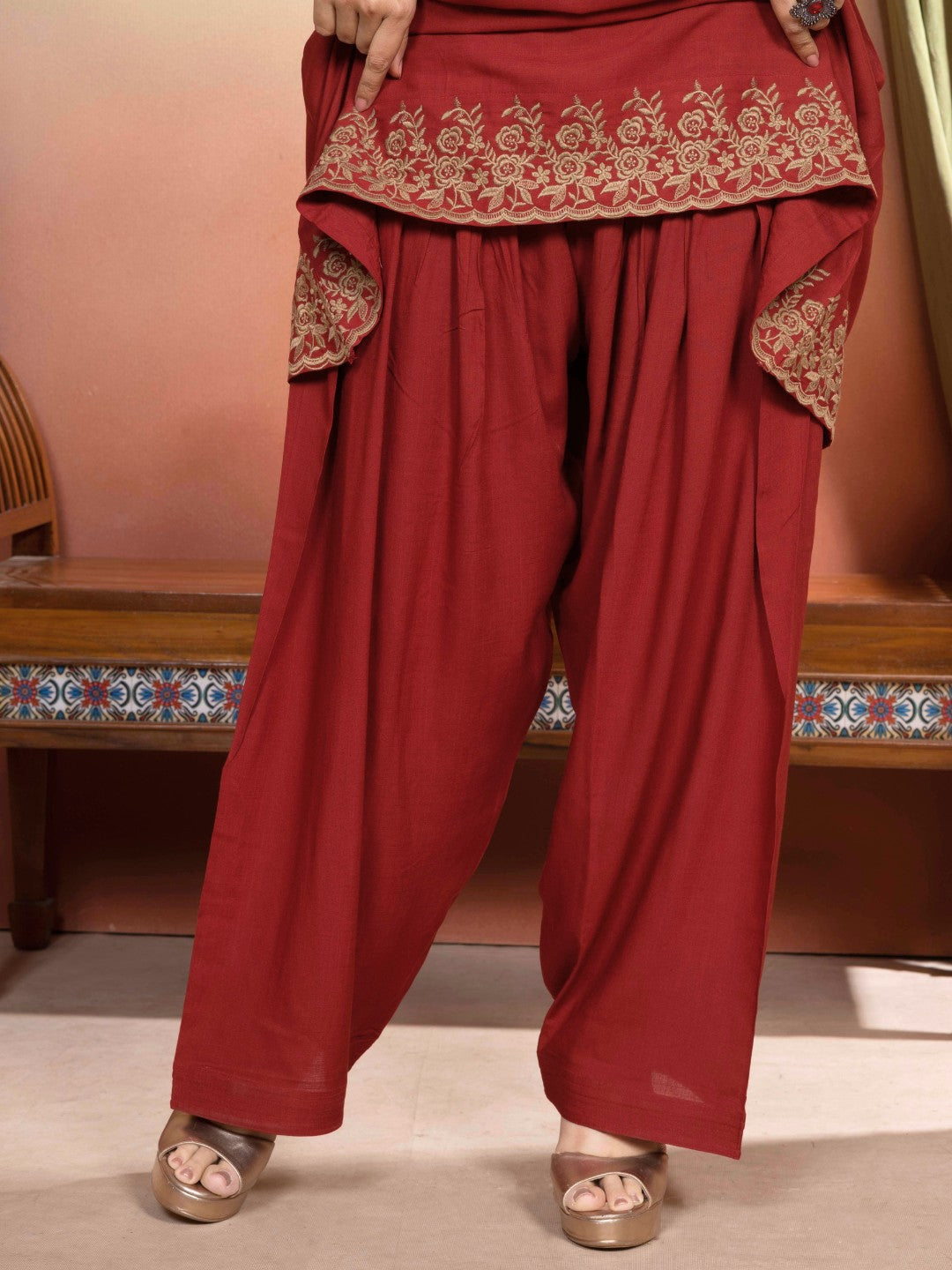 Terracotta Rust Embroidered A-Line Kurta with Farshi Salwar