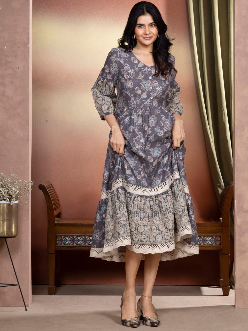 Fossil Grey Vintage Meadow Boho Tiered Dress