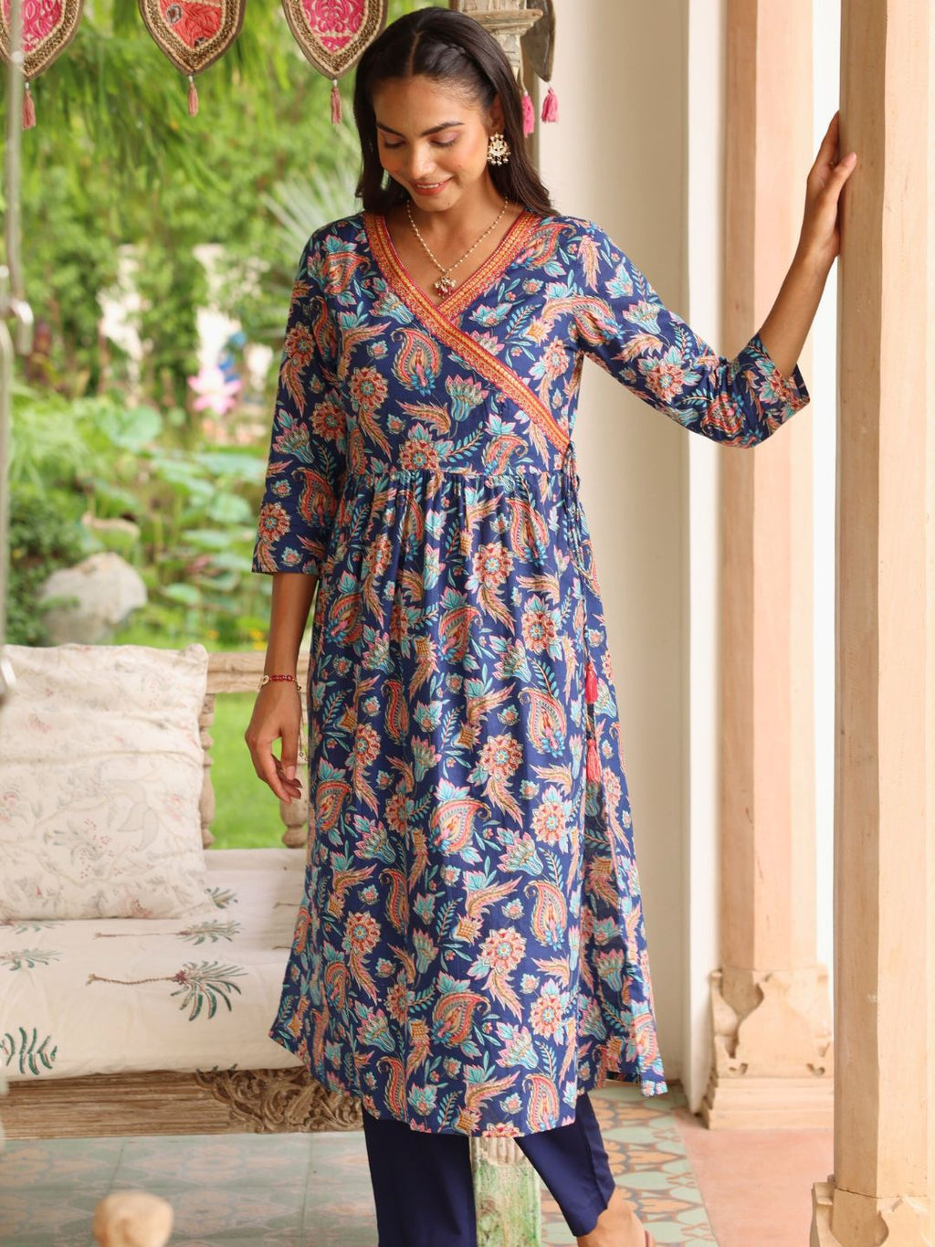 Navy Blue Paisley Print Angrakha Kurta with Mirror Embroidery and Gathers