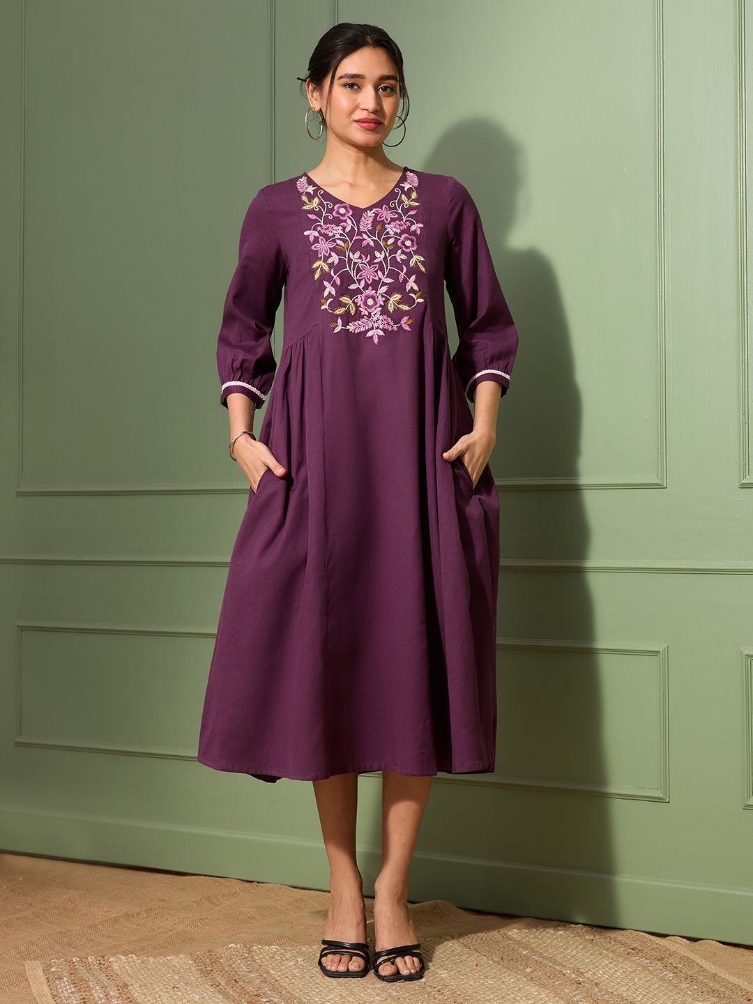 Aubergine Purple Embroidered Cotton-Linen Dress