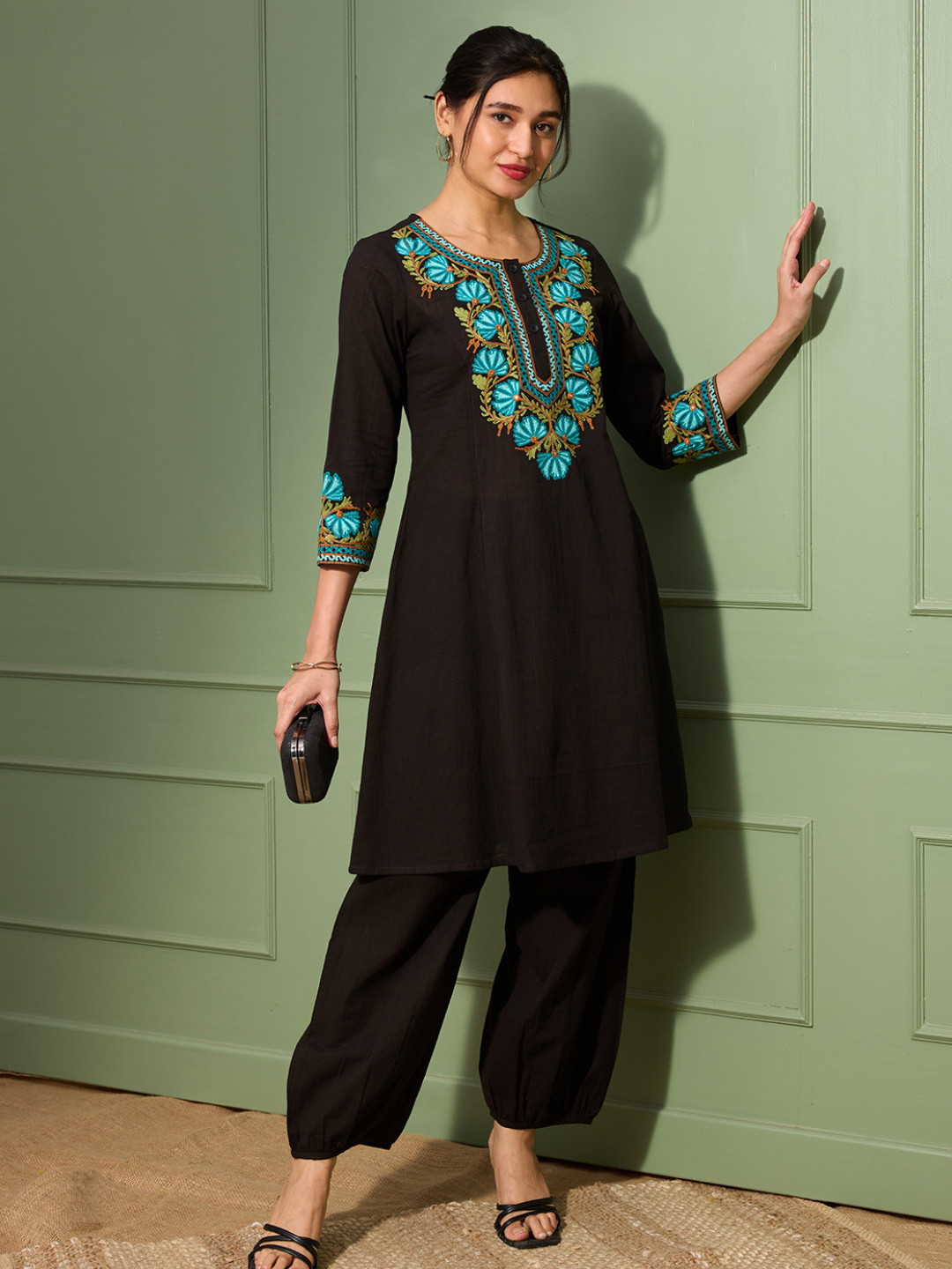 Noir Black Kashida Embroidered A-Line Cotton Kurta Set with Afghani Salwar