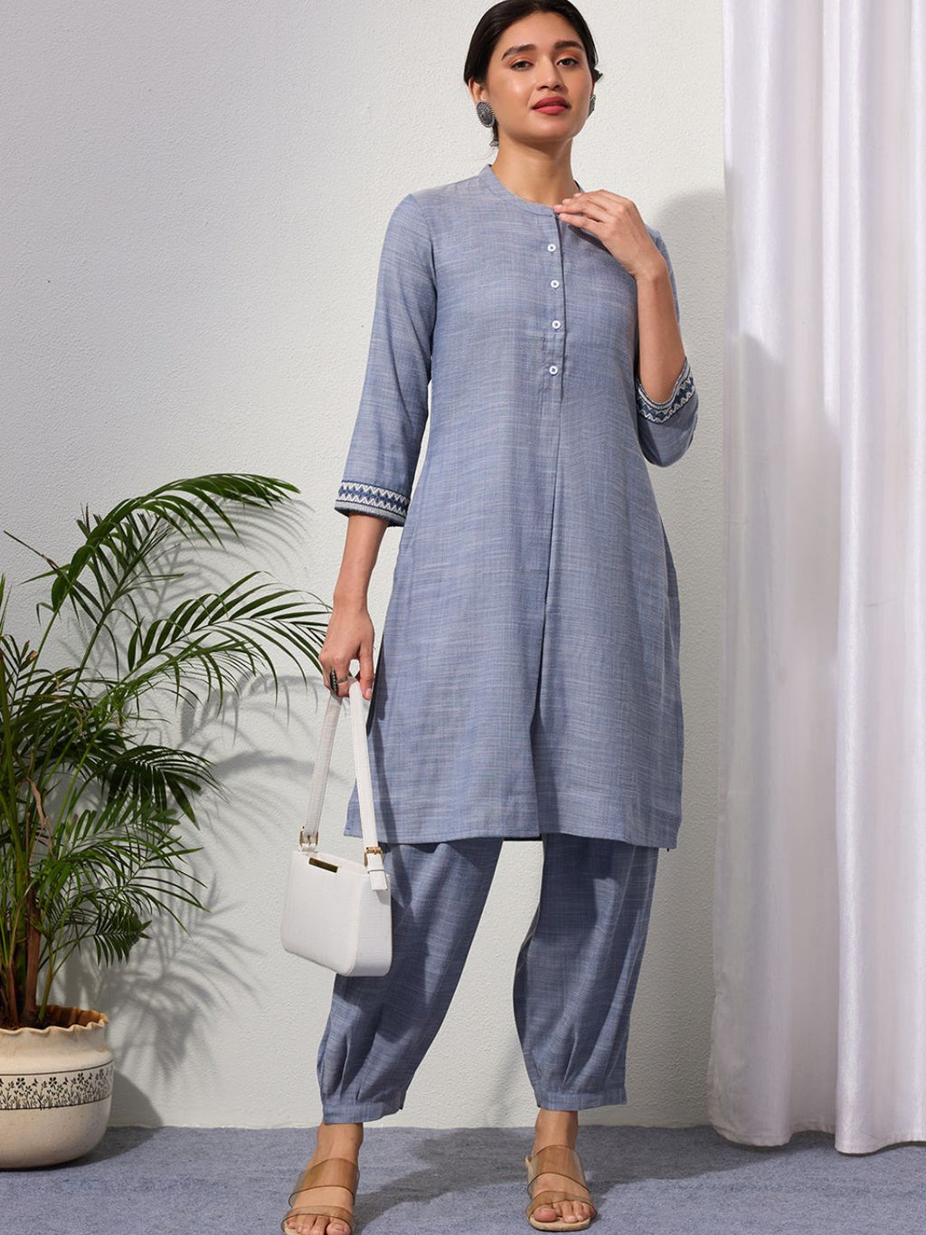 Blue Chambray Kurta Set with Pleated Pants for Women | Saffron Threads