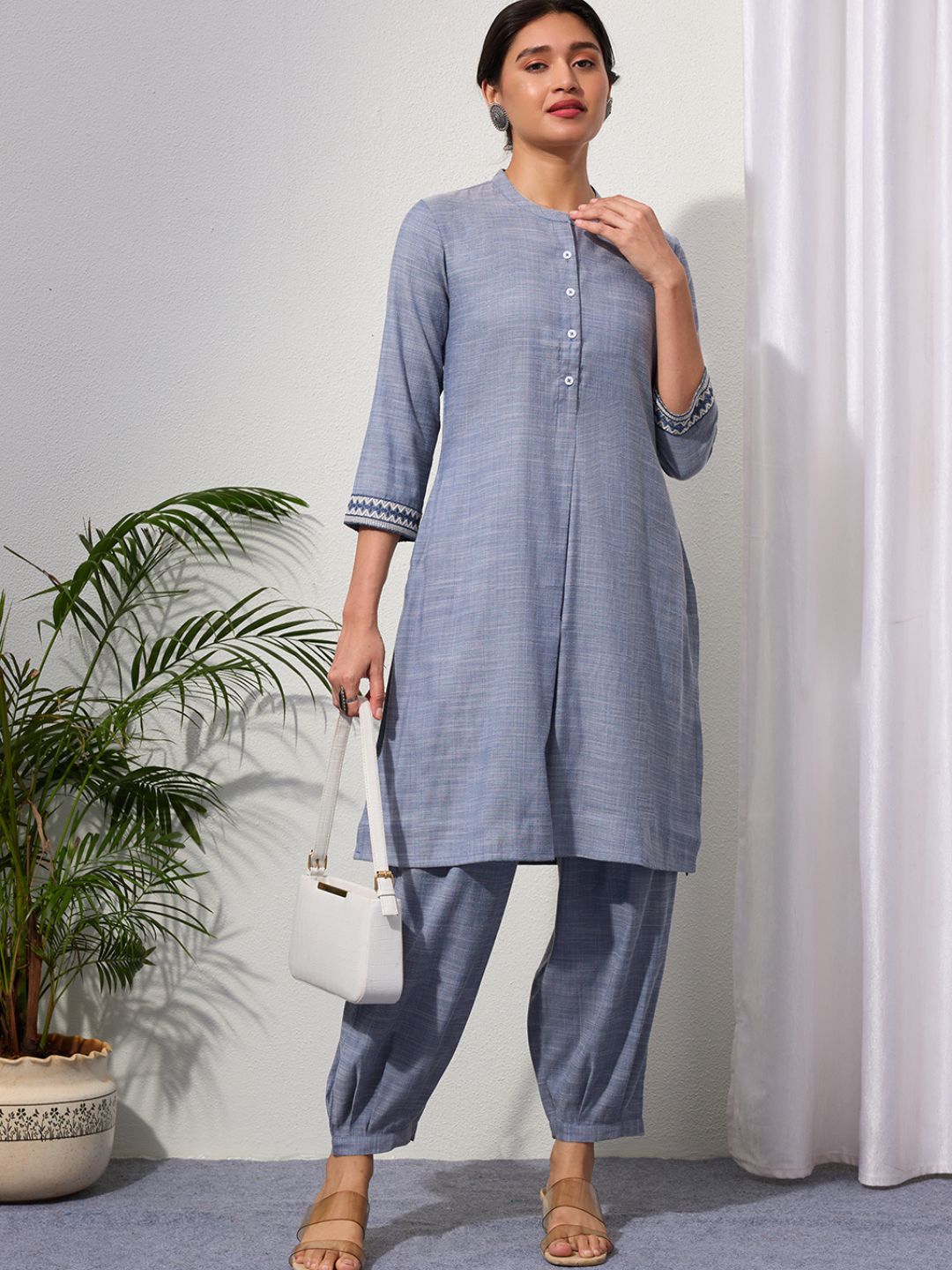 Blue Chambray Kurta Set with Pleated Pants for Women | Saffron Threads