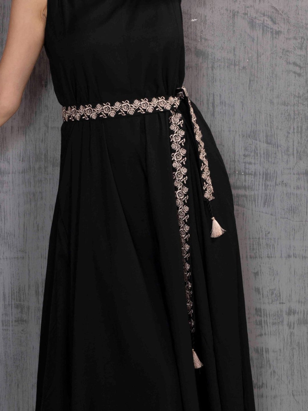 Imperial Black Parsi Gara Belted A-Line Dress