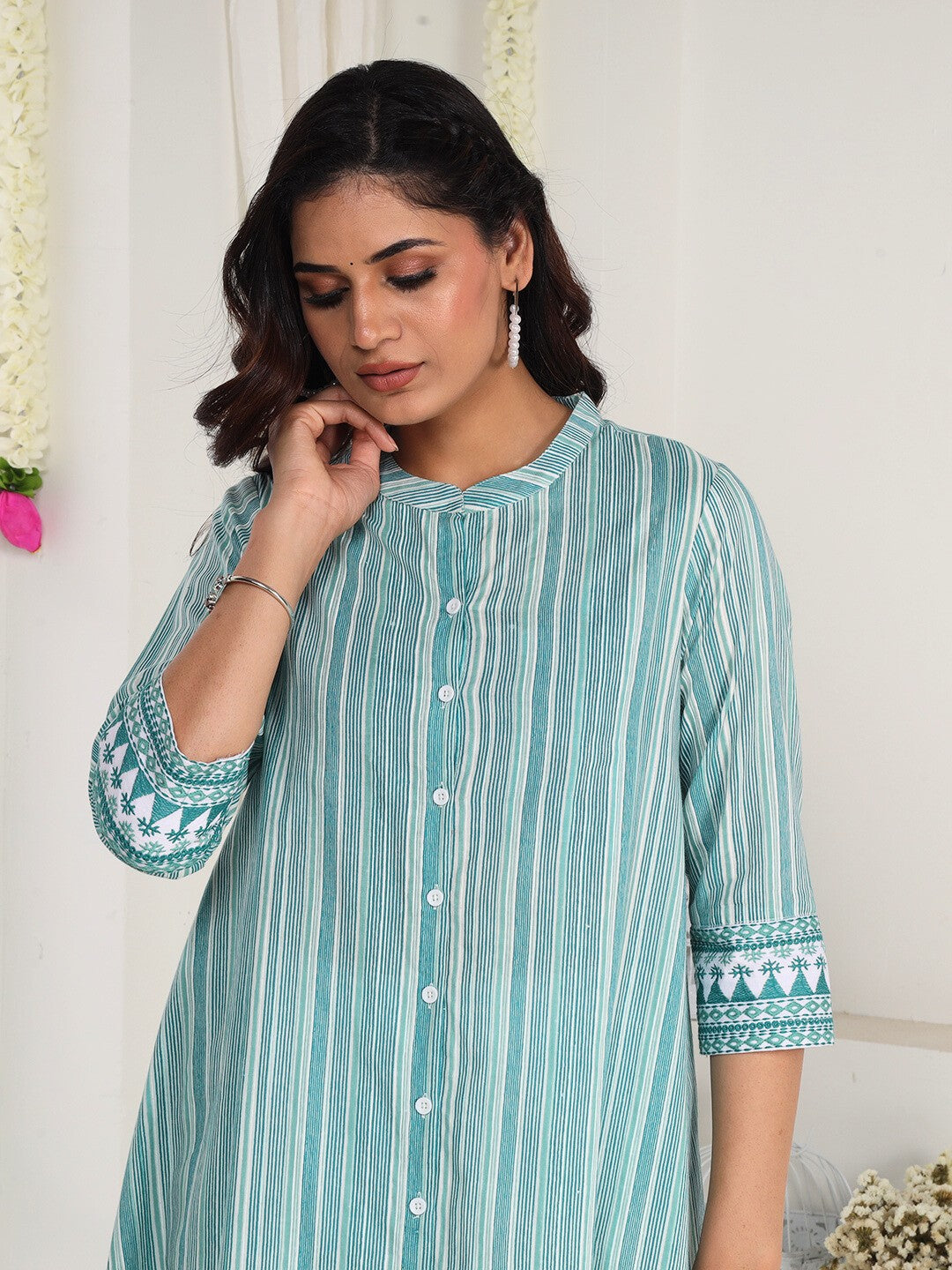 Aqua Teal Striped Cotton Kurta for Women