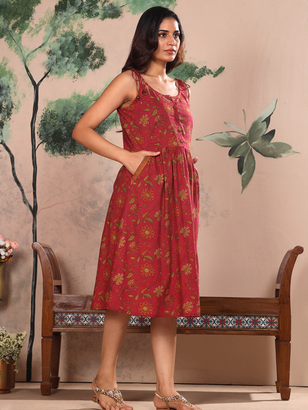 Red Ornate Bloom Printed Cotton Fit & Flare Dress