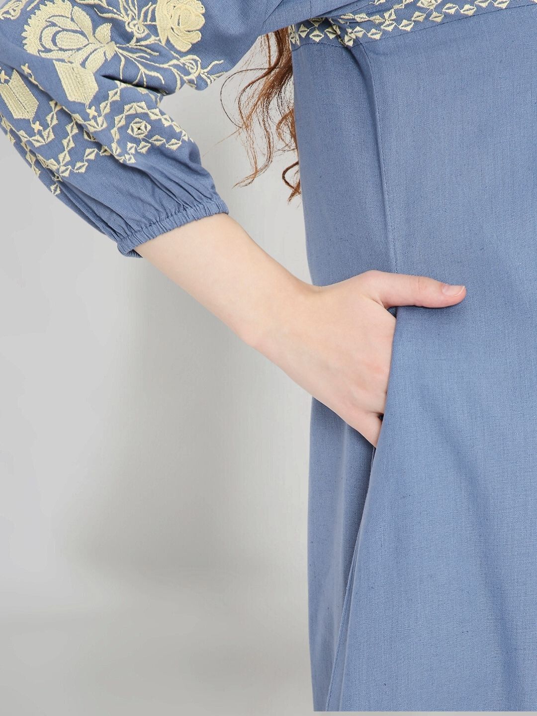 Blue Boho Midi Dress with Embroidered Details