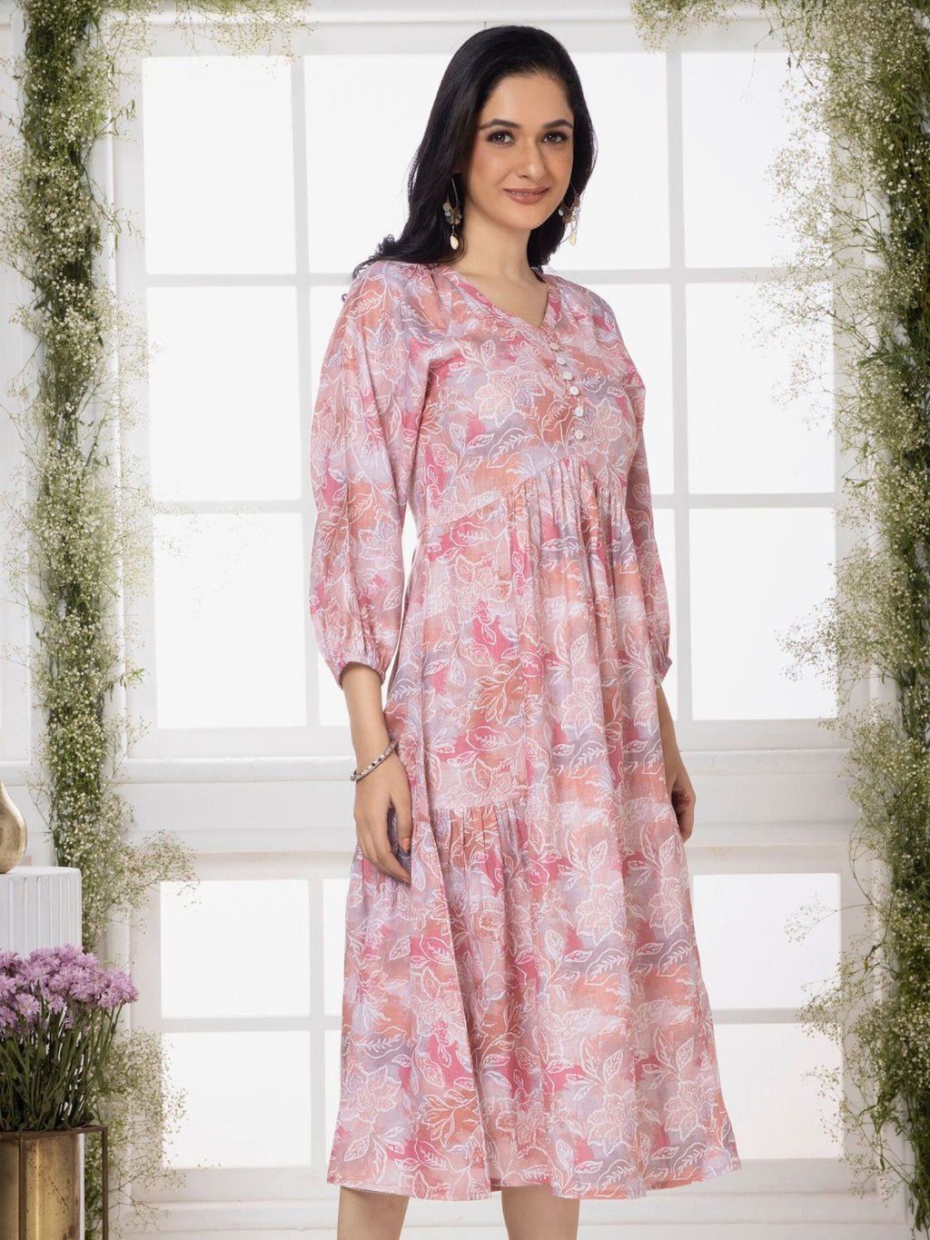 Pastel Pink Modernist Floral Midi Dress