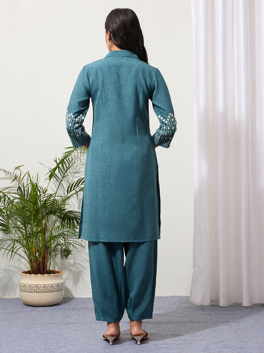 Teal Embroidered Kurta Set with Pleated Pants for Women | Saffron Threads