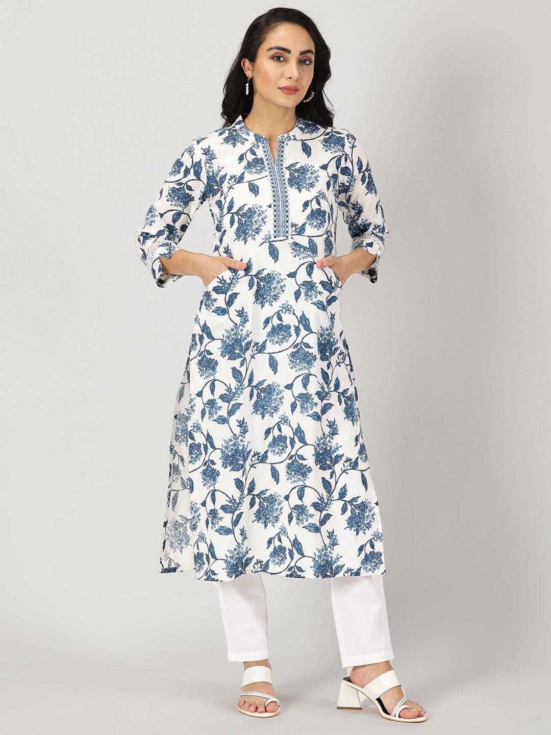 White-Blue Floral Print Kurta with Neck Embroidery