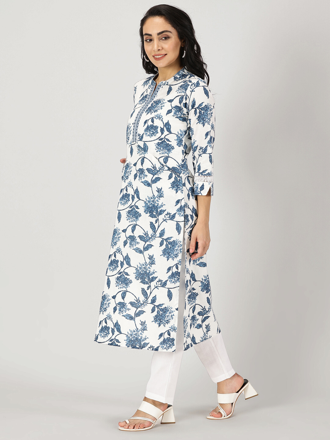 White-Blue Floral Print Kurta with Neck Embroidery