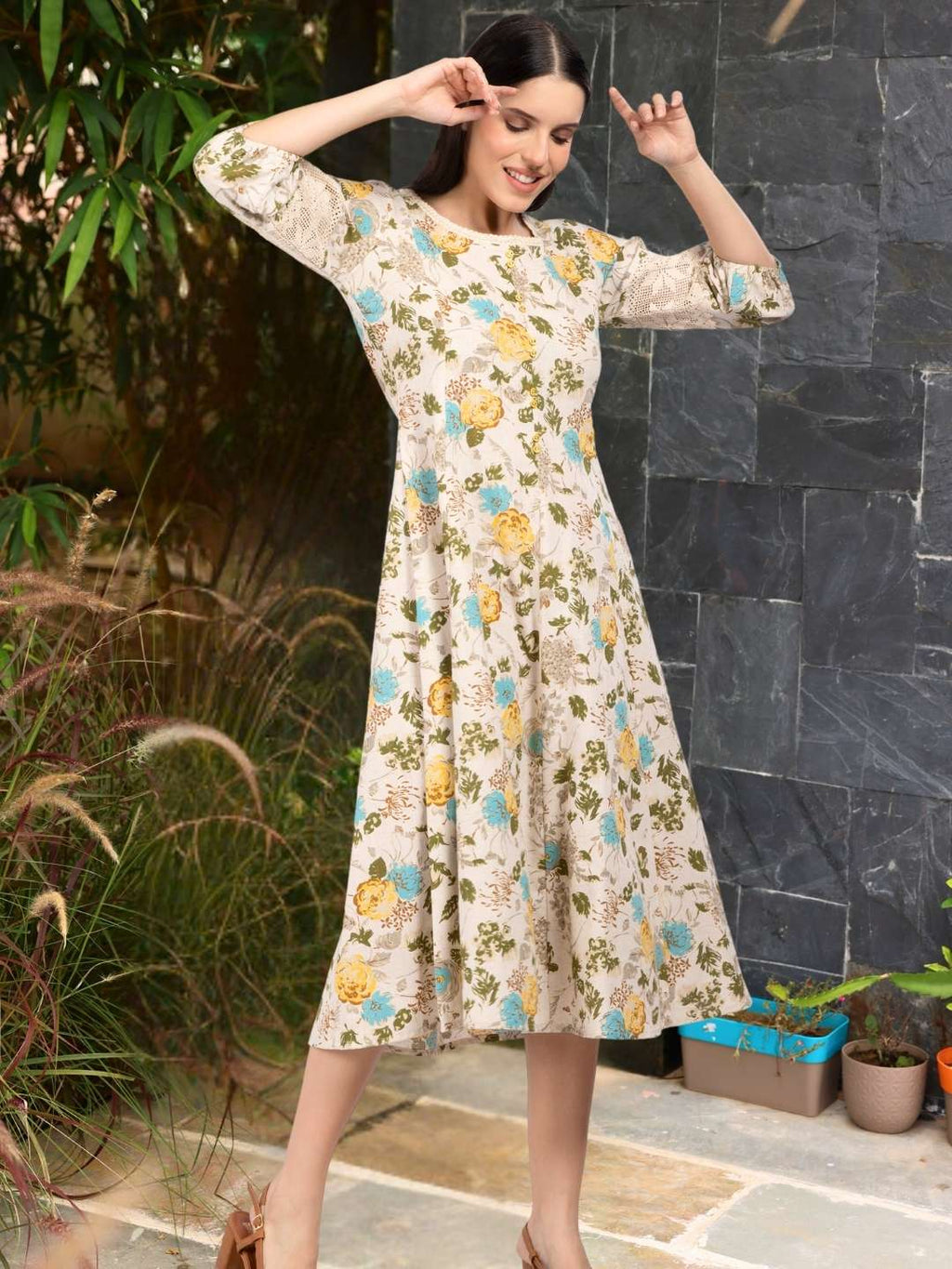 Turquoise Floral Printed Cotton Flax Dress with Lace inserts