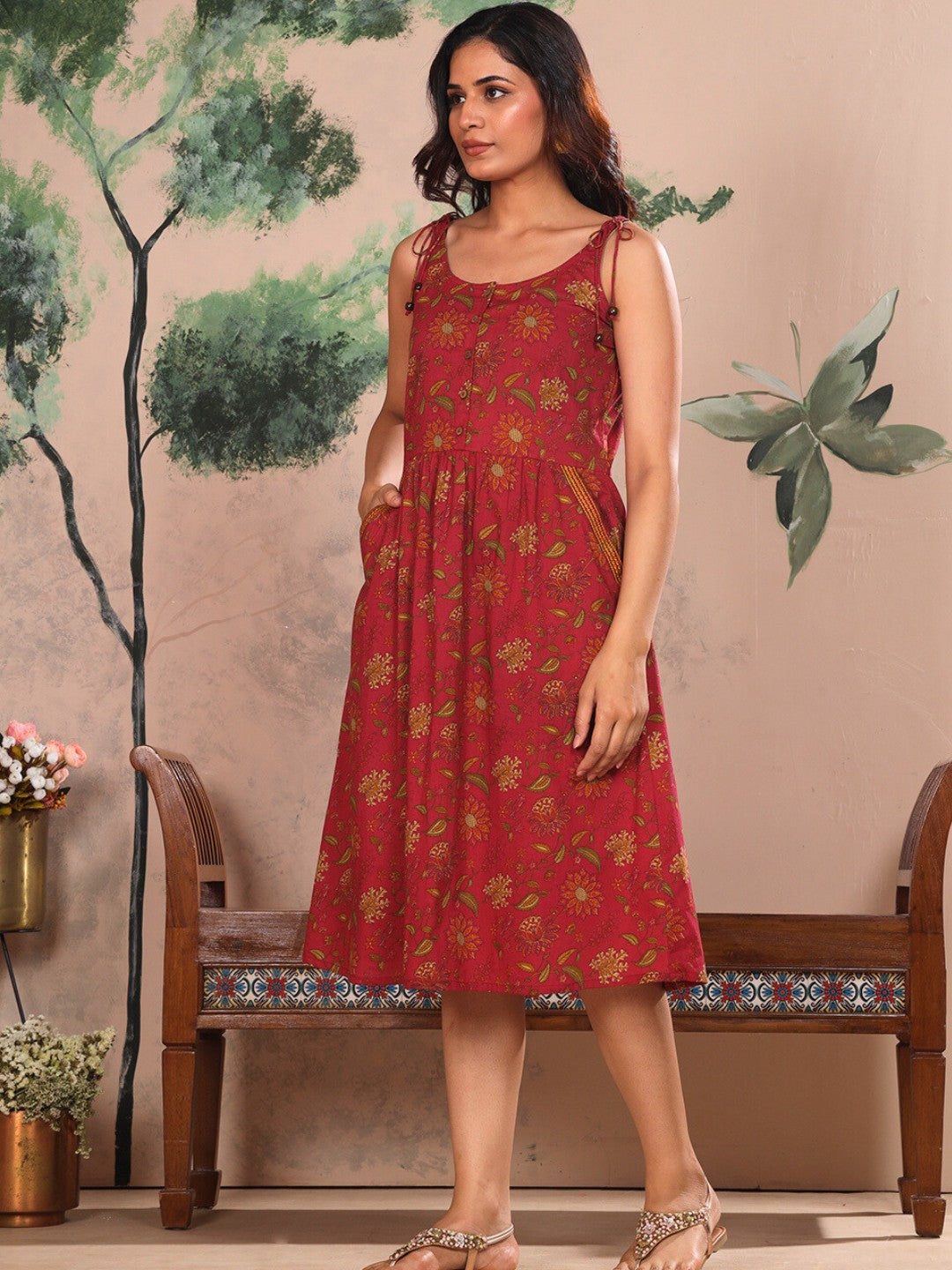 Red Ornate Bloom Printed Cotton Fit & Flare Dress